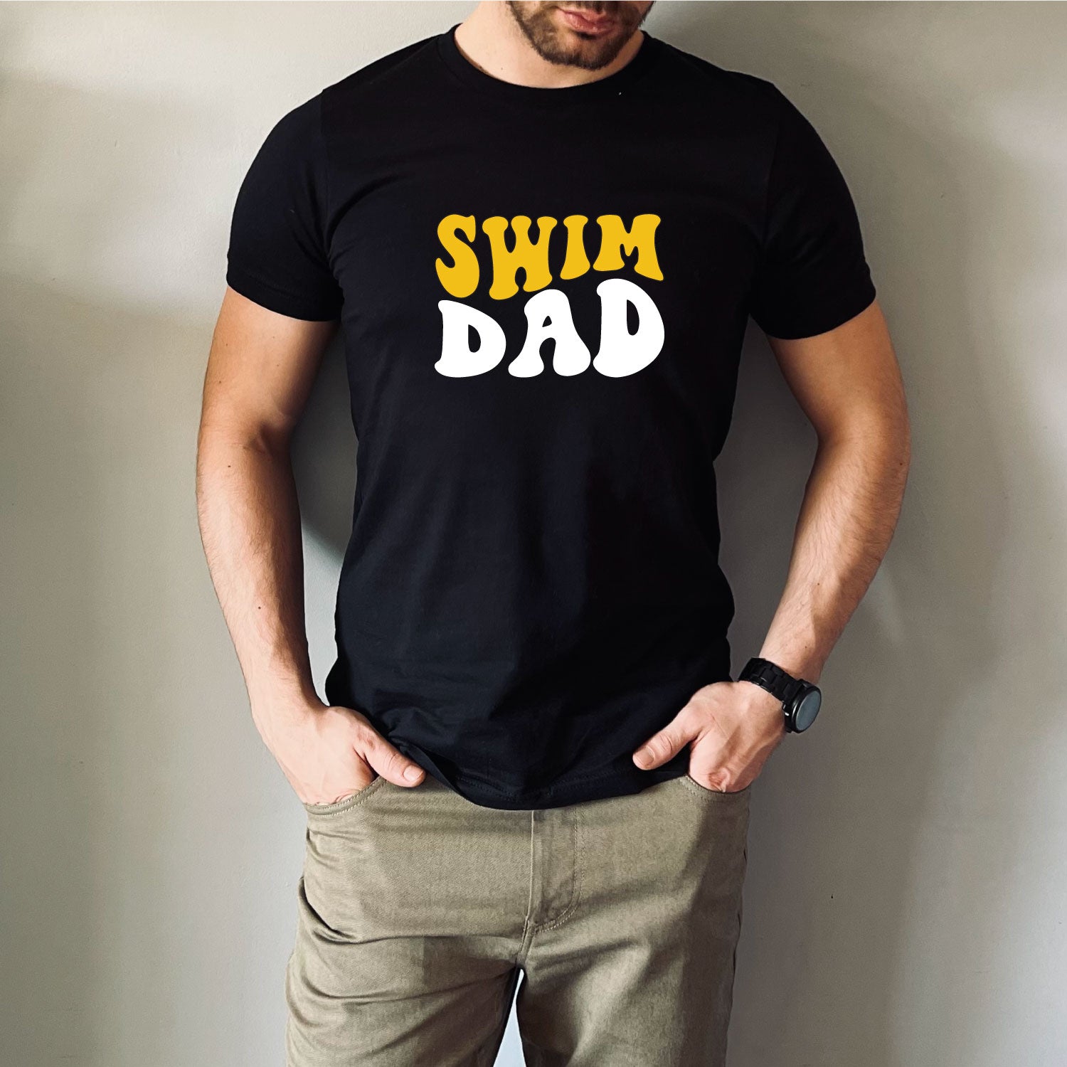 Gold & White Swim Dad - Black Tee